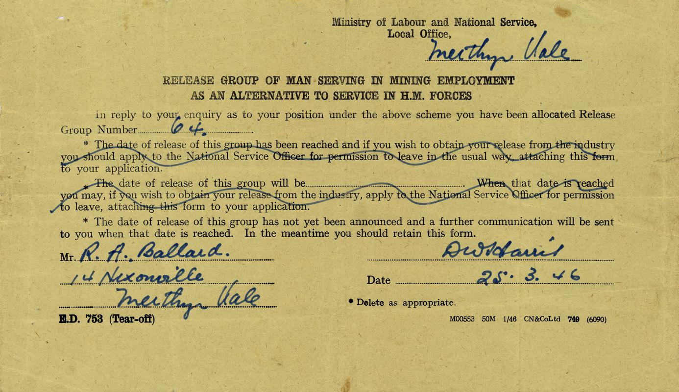 Ministry of Labour & National Service form