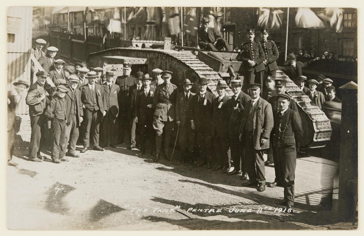 Civilians &amp; soldiers gathered around &#039;The Tank&#039;, Pentre
