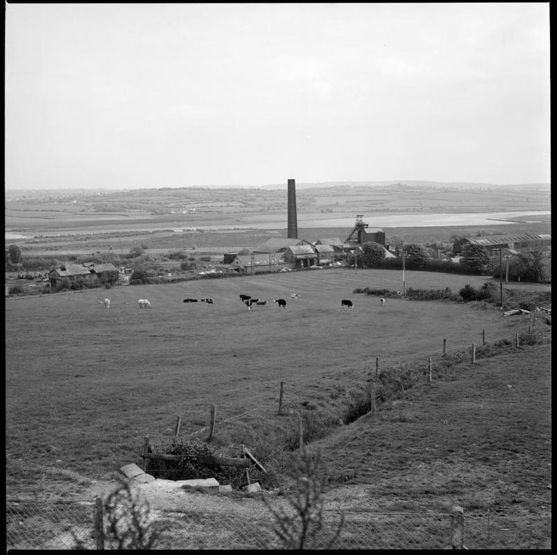 Black and white film negative showing a surface view of Morlais Colliery, 13 May 1981  &#039;Morlais 13/5/81&#039; is transcribed from original negative bag.