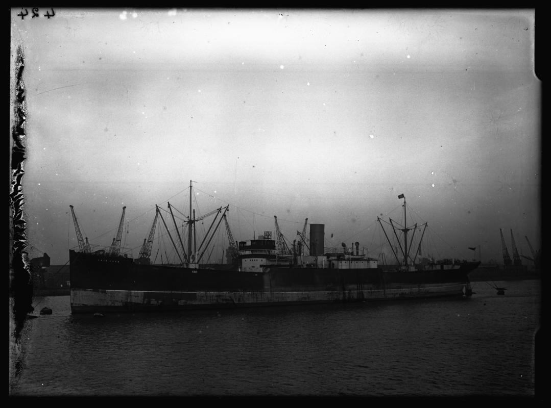 Port broadside view of M.V. CAPE HORN at Cardiff Docks, c.1936.