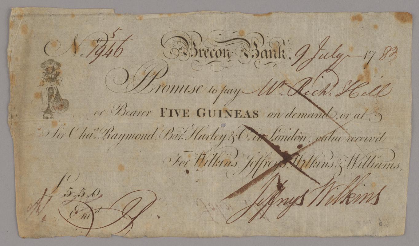 Brecon Bank five guineas bank note, 1783