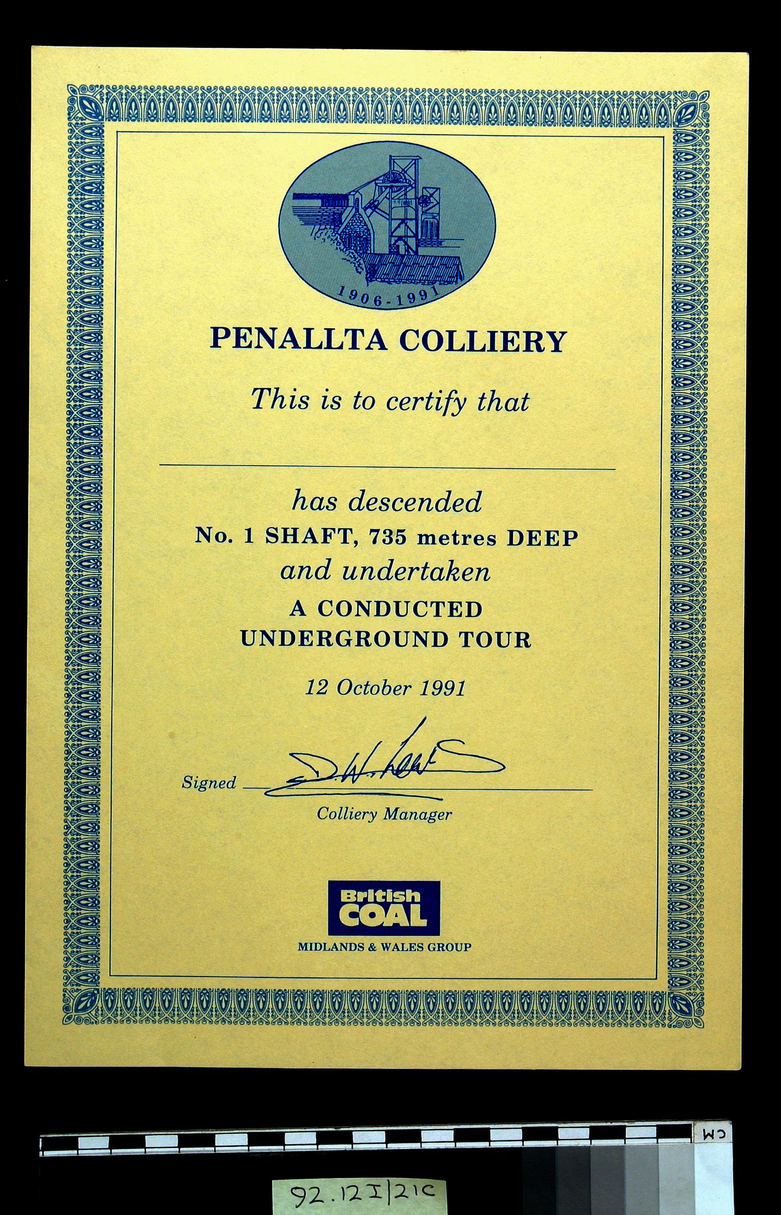 Penallta Colliery, certificate
