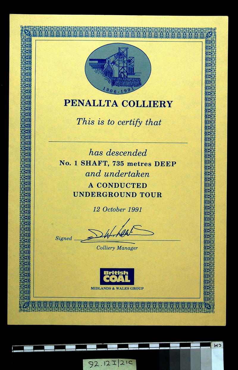 Penallta Colliery underground tour certificate
