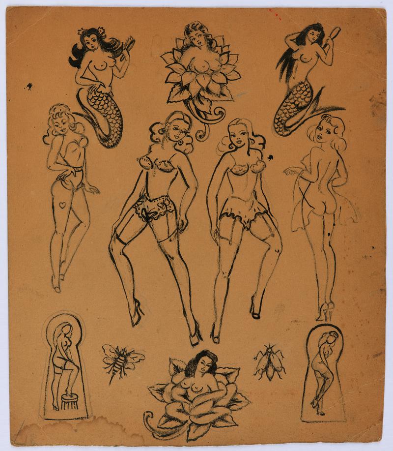 Jessie Knight tattoo flash with female pin-up style drawings