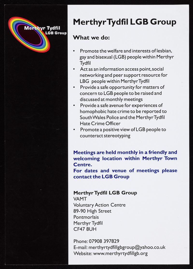 Leaflet for Merthyr Tydfil LGB Group.