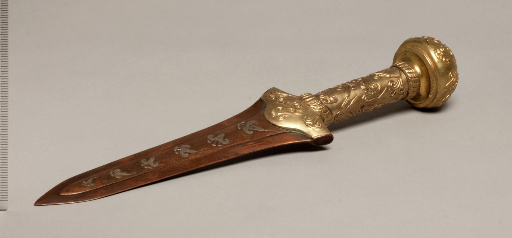 Replica Bronze Age dagger with gold handle and lillies
