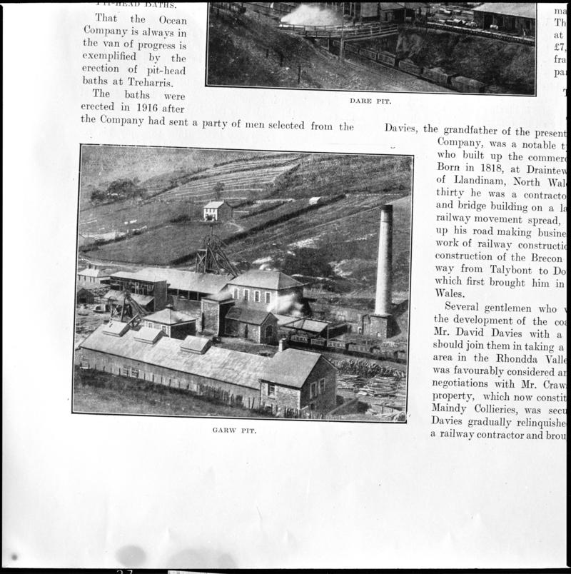 Black and white film negative showing a general surface view of Garw Colliery, photographed from a publication.  &#039;Garw Colliery&#039; is transcribed from original negative bag.