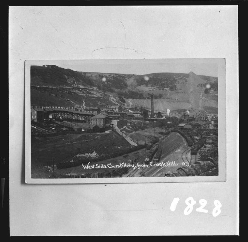 Black and white film negative of a photograph showing a surface view of Cwmtillery Colliery taken from Crook Hill.