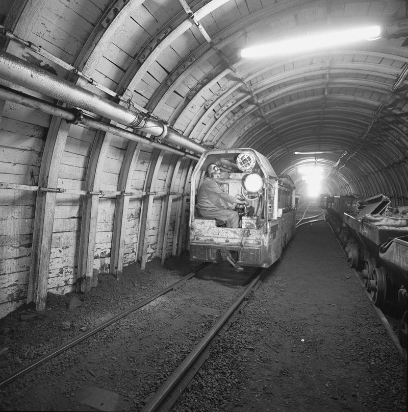Black and white film negative showing an electric locomotive near pit bottom, Oakdale Colliery, May 1980.  &#039;Oakdale May 1980&#039; is transcribed from original negative bag.