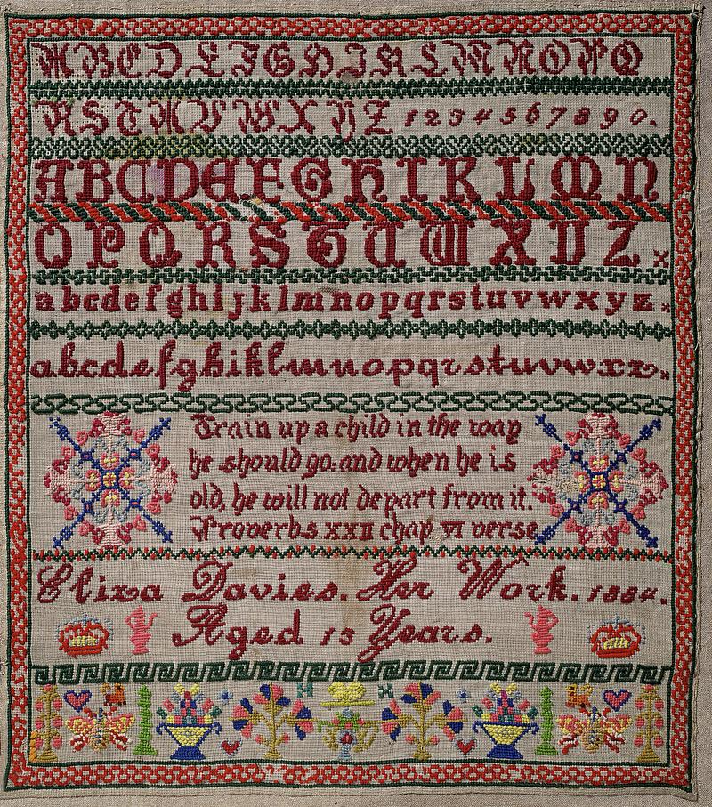 Sampler (alphabet, verse &amp; motifs), made in Llanelli, 1884