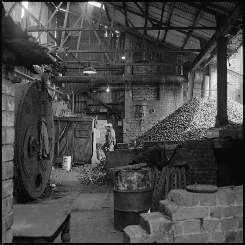Black and white film negative showing the interior of the boiler house, Morlais Colliery 13 May 1981.  &#039;Morlais 13/5/81&#039; is transcribed from original negative bag.