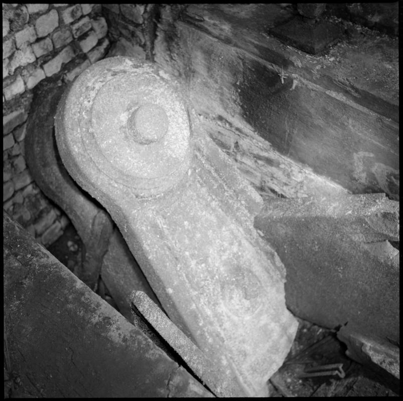Black and white film negative showing a cast iron beam of a Cornish pumping engine, made by Harvey of Hayle in 1858, situated half way down the No. 2 shaft, Penrhiwceibr Colliery, 13 November 1975.  &#039;Penrikyber 13 Nov 1975&#039; is transcribed from original negative bag.