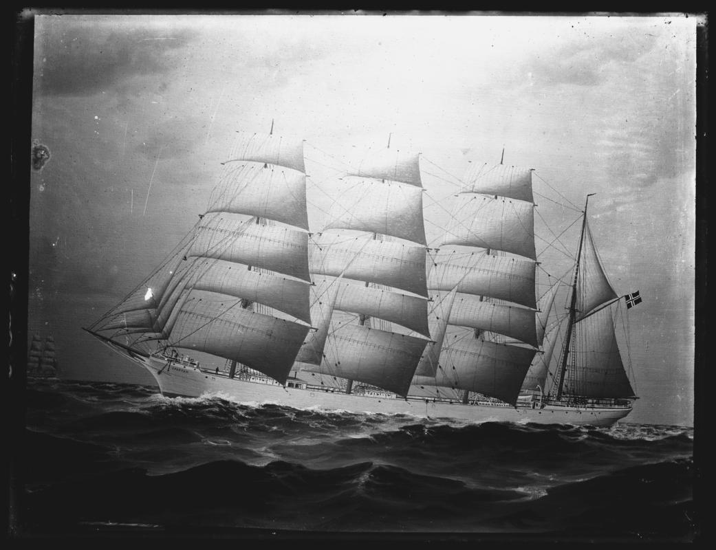 Photograph of a painting showing a port broadside view of the four-masted barque SPARTAN.