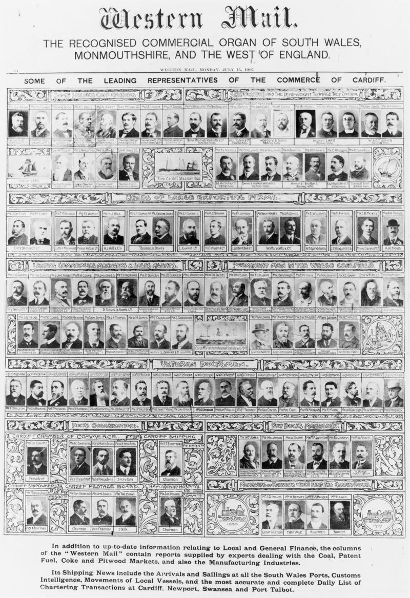 Front page of Western Mail of 15th July 1907, showing 115 portraits of &quot;some of the leading representatives of commerce of Cardiff&quot;