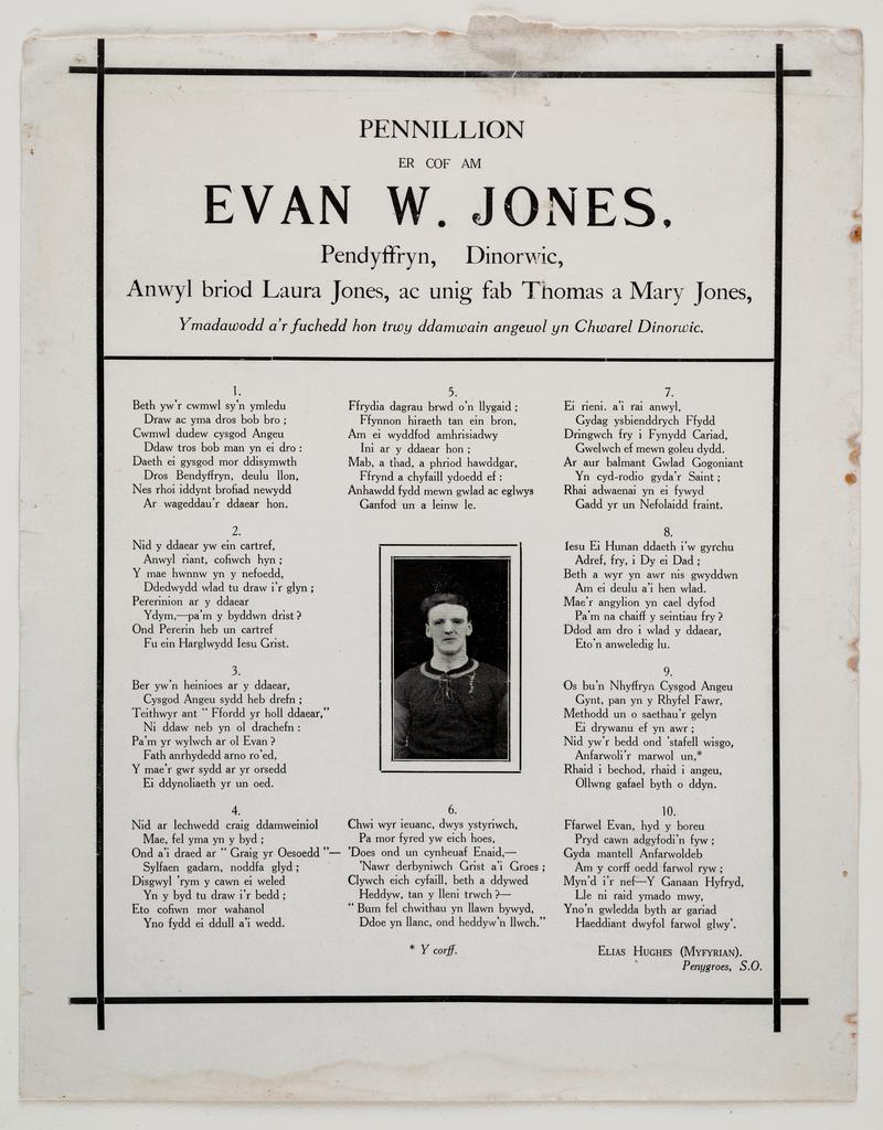 Memorial poster for Evan W. Jones, Pendyffryn, Dinorwig, who died at the Dinorwig Quarry Hospital on 1st December 1924 following an accident at Dinorwig Quarry