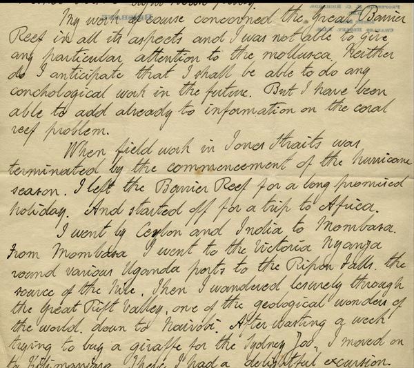 Letter from the Australian conchologist, Charles Hedley recounting a long holiday in Africa. 11 April 1925