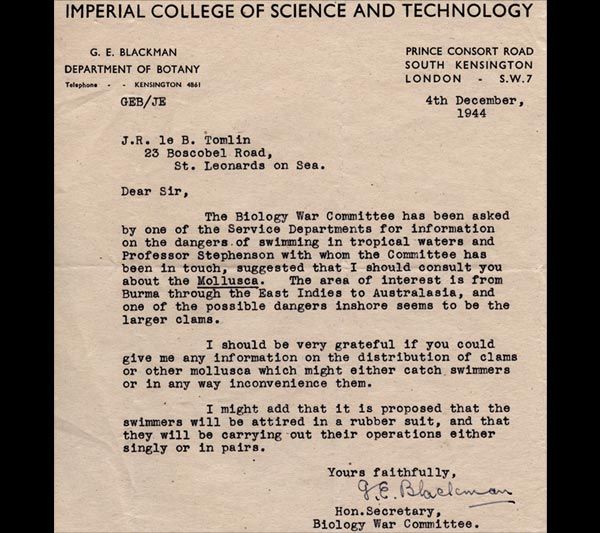 Letter from the Honorary Secretary of the Biology War Committee, 4 December 1944