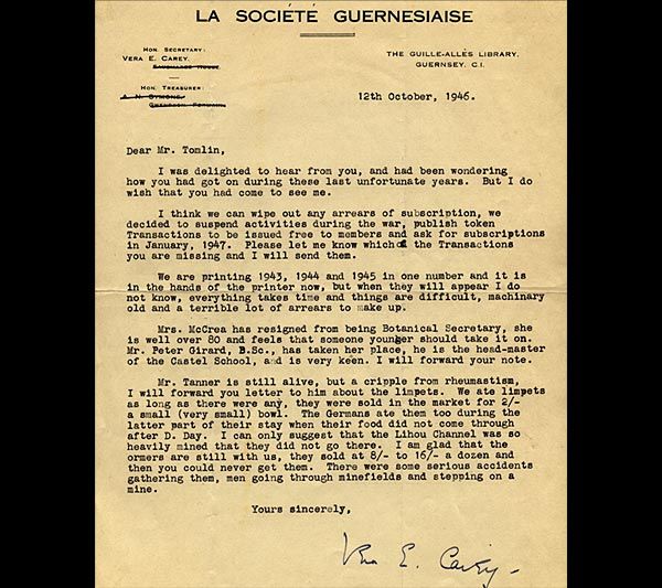 Letter from La Société Guernesiaise, 12 October 1946