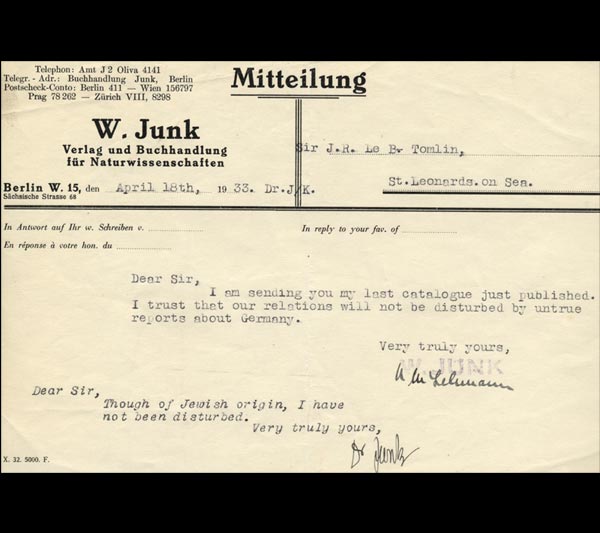 Postcard from W. Junk, Berlin, 18 April 1933.