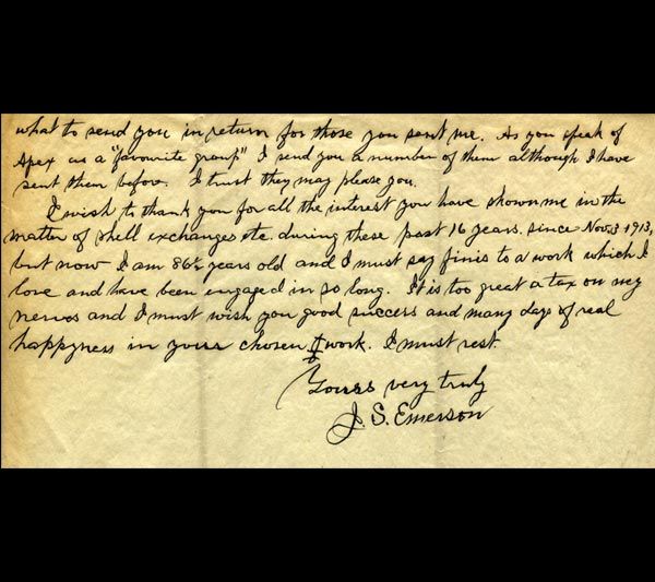 Letter from the American shell collector, Joseph Emerson, announcing his retirement