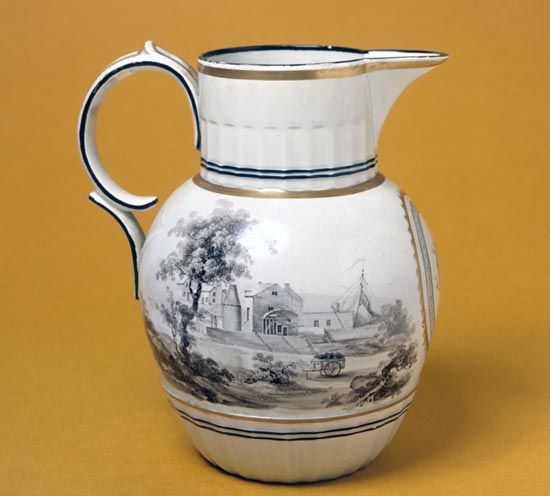 Enamelled pearlware jug, made at the Ferrybridge Pottery, Yorkshire, about 1800