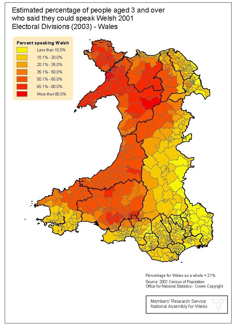 Map showing distribution of Welsh speakers, 2001 census.