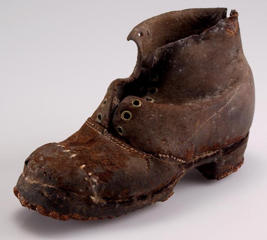 A leather shoe found behind a fireplace at Ty Cerrig, Llanfachreth, in March 1994 