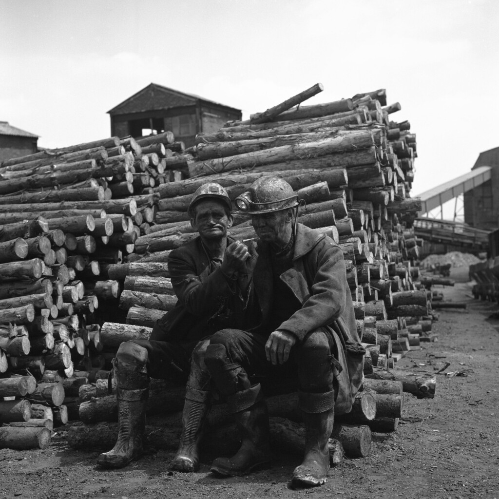 Two Blaenavon miners in the timber yard at the end of the morning shift, 1978.
