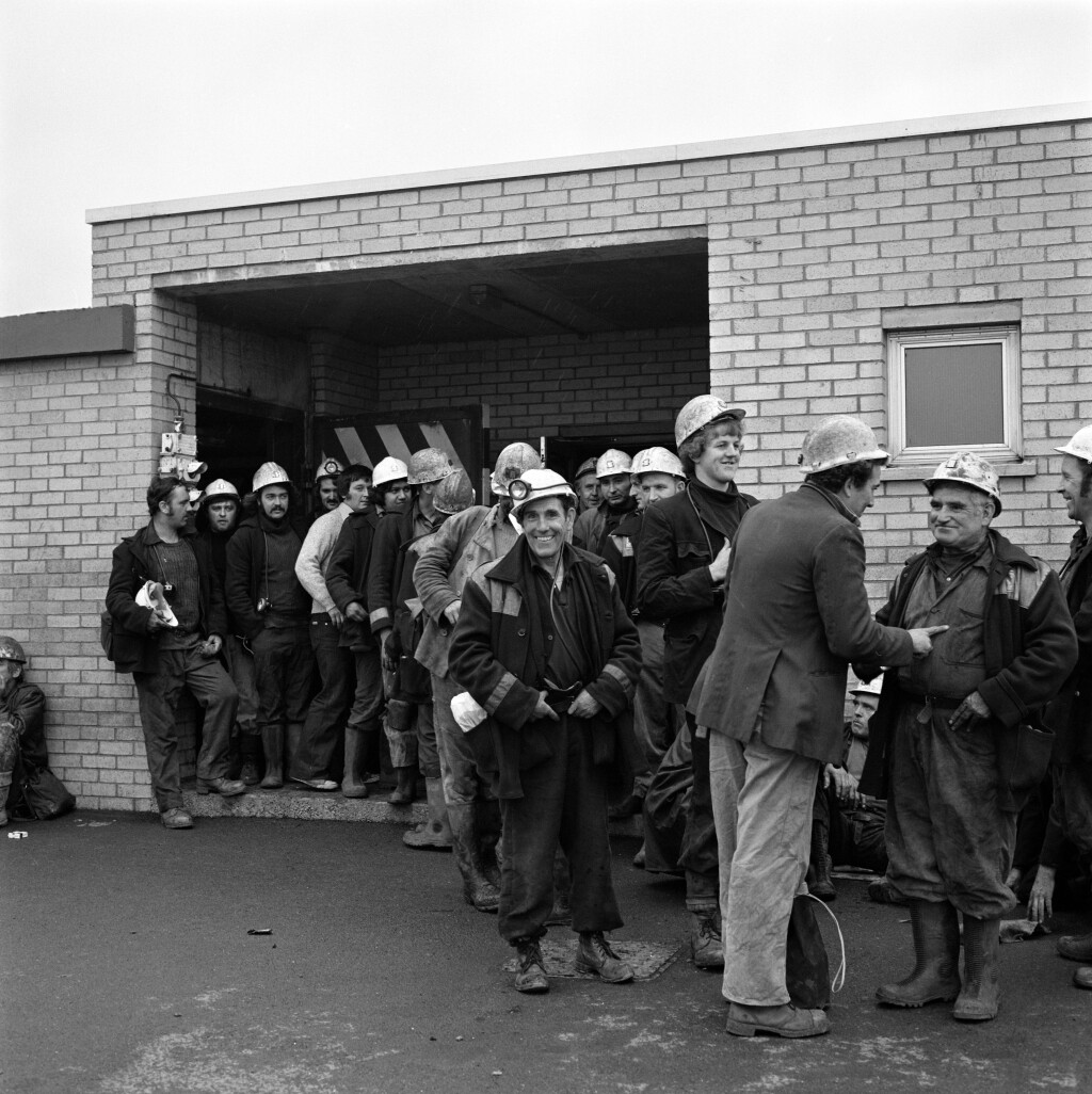 Betws Mine, the afternoon shift waiting for the manriding train, c.1976
