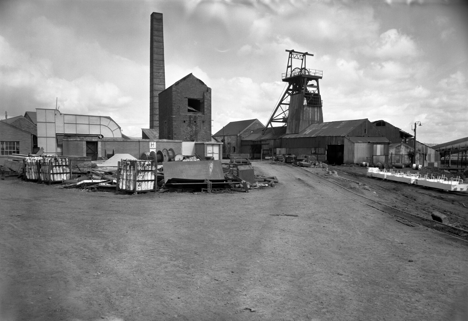 Morlais Colliery, a general view, note the derelict engine pumping house, 1978