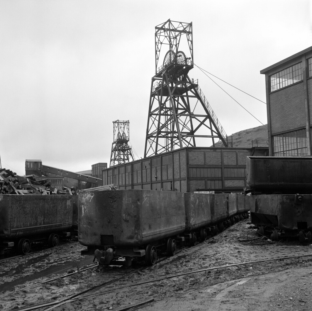 Maerdy Colliery, 1977, empty mine cars waiting at pit top.