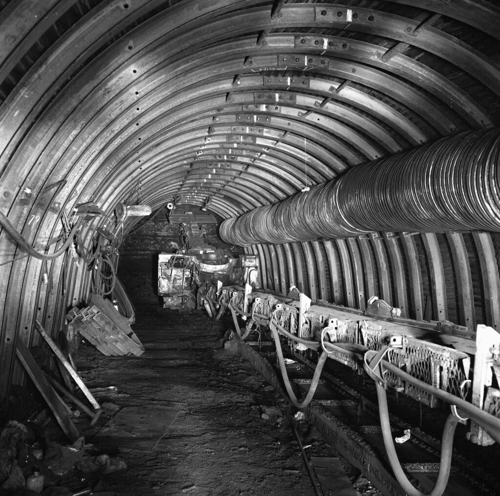 Taff Merthyr Colliery, heading with Dosco road heading machine and auxiliary ventilation, 1979.