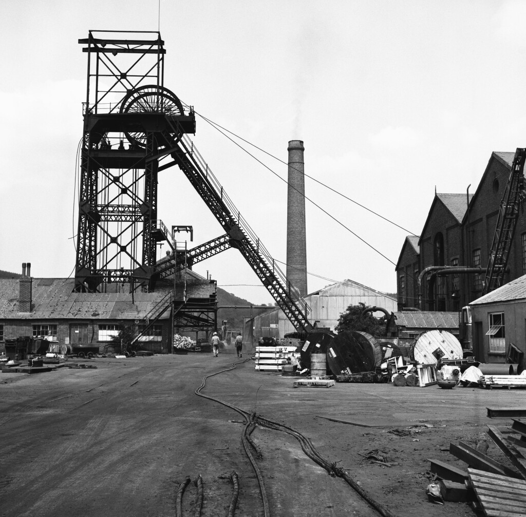 Cefn Coed Colliery, 1973, engine house and downcast shaft headframe.