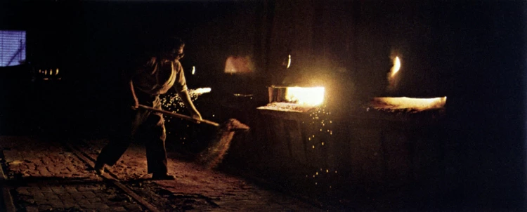 Fettling an open hearth steel furnace at Ebbw Vale in about 1962.