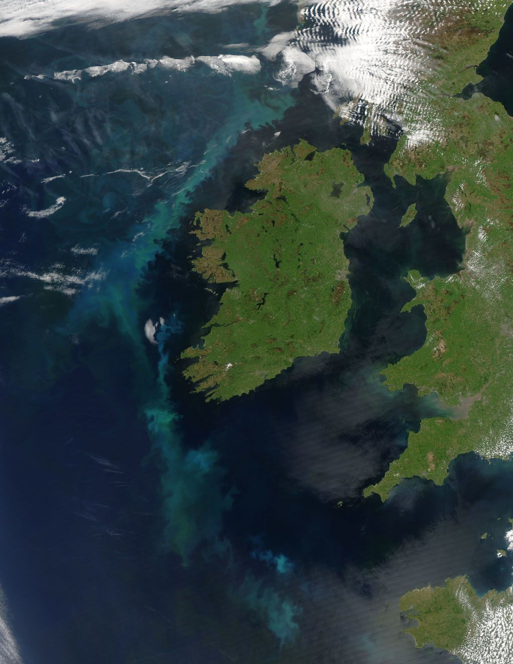 An algal bloom formed by phytoplankton off the west coast of Ireland.