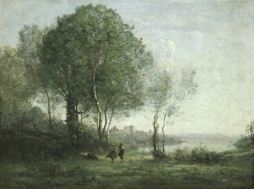 NMW A 2443, Jean Baptiste Camille Corot, Castel Gandolfo, dancing Tyrolean Shepherds by Lake Albano, 1855-60