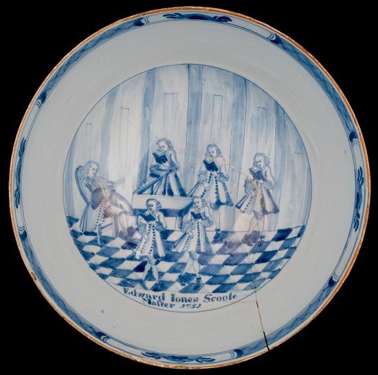 Delftware punch bowl inscribed 'Edward Jones Scoole Master 1751'