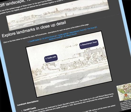 Screenshot of interactive panoramic landscape of Cardiff, 1678 