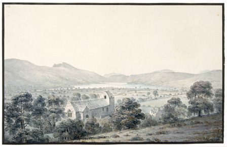 View of Bala Pool, Llyntagit, from above Llanfawr Church, Meirionethshire, 1805 (w/c on paper)