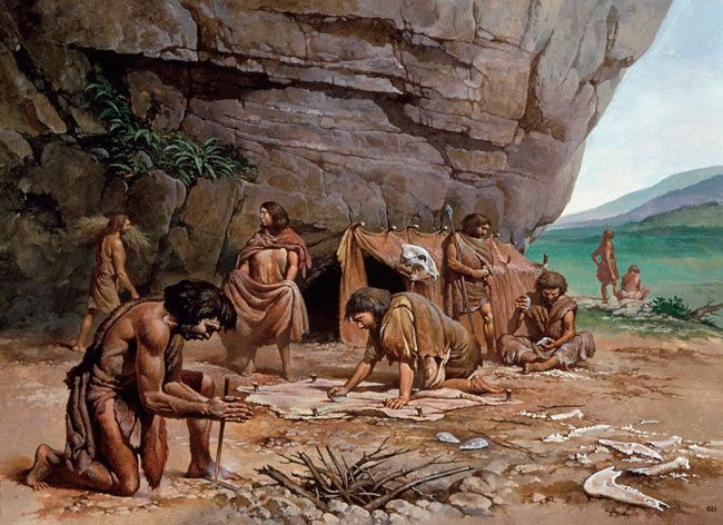 Reconstruction painting showing Early Neanderthal Man. 