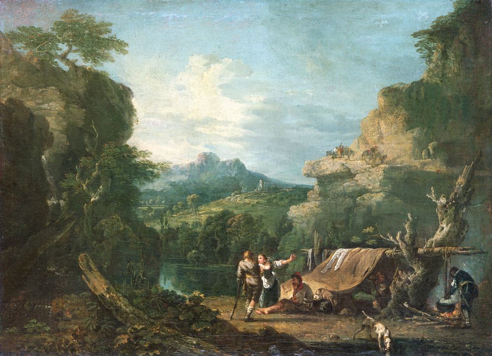 Landscape with Banditti round a tent, 1752 ( oil on canvas)