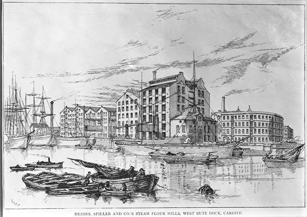 An artist's impression of the first Spillers mill in Cardiff, which was destroyed by fire in 1882.