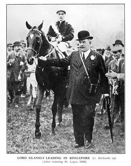 Lord Glanely leads in <em>Singapore</em>, victorious in the 1930 St Leger; the jockey was Gordon Richards