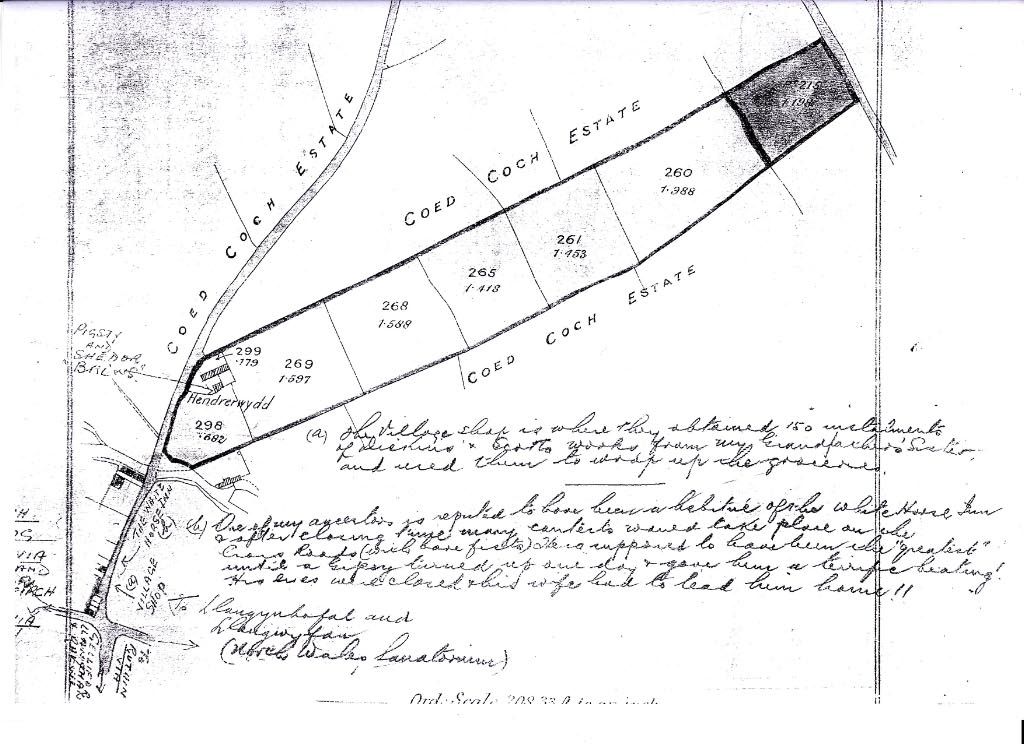 Hand-drawn map of Hendre'r Ywydd's original location