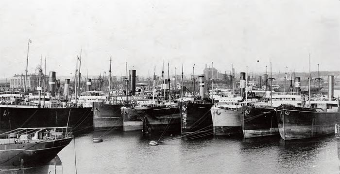 Barry docks, c.1910, with ships moored to buoys waiting to load coal.