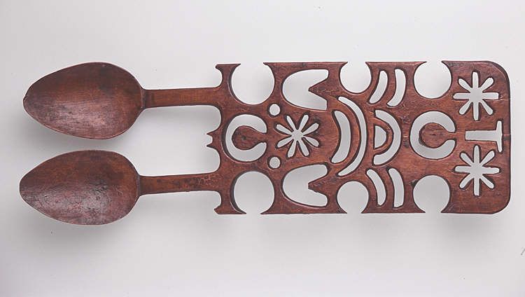 Lovespoon, with panel handle and two bowls