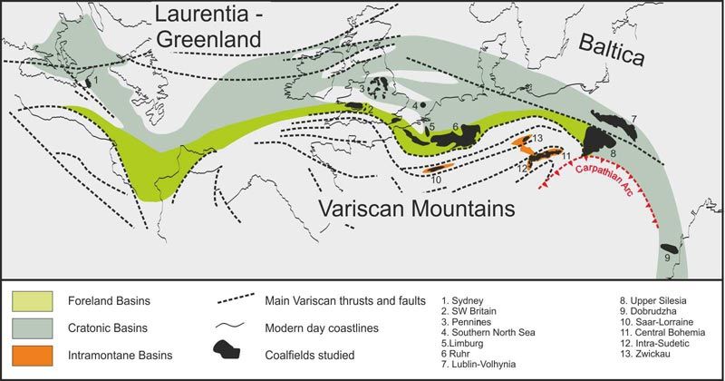 Area of coal swamps of Variscan Euramerica.  Drawn by C. Cleal.