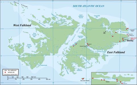 1. Map showing the sample sites around East Falkland with enlarged inset map of locations around Stanley