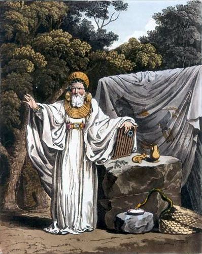 Ancien druide : 'Un archidruide dans son habit judiciaire' tiré du Costume des premiers habitants des îles britanniques (1815) par Samuel Rush Meyrick et Charles Hamilton Smith.'An Archdruid in his Judicial Habit' from Costume of the Original Inhabitants of the British Isles (1815) by Samuel Rush Meyrick and Charles Hamilton Smith.