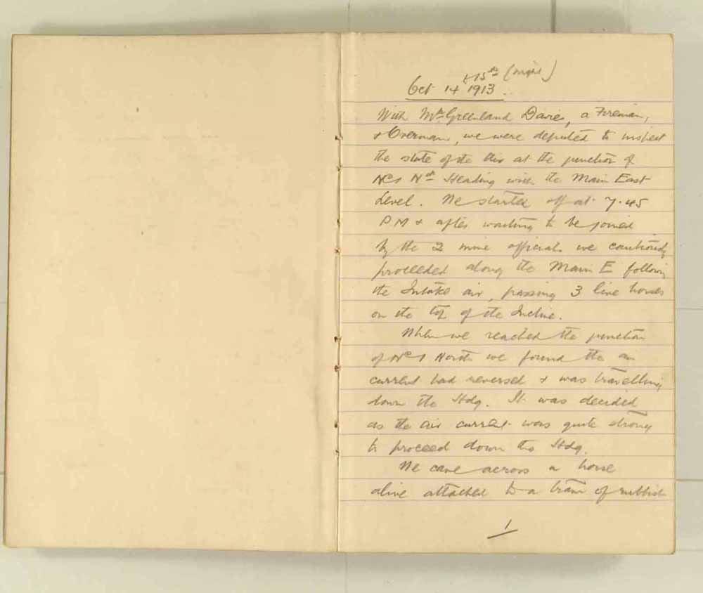 Notes made by the Inspector of Mines as he travelled around the devastated underground workings following the Senghenydd mine explosion on 14th October 1913 that killed 439 men. Courtesy of the National Coal Mining Museum for England